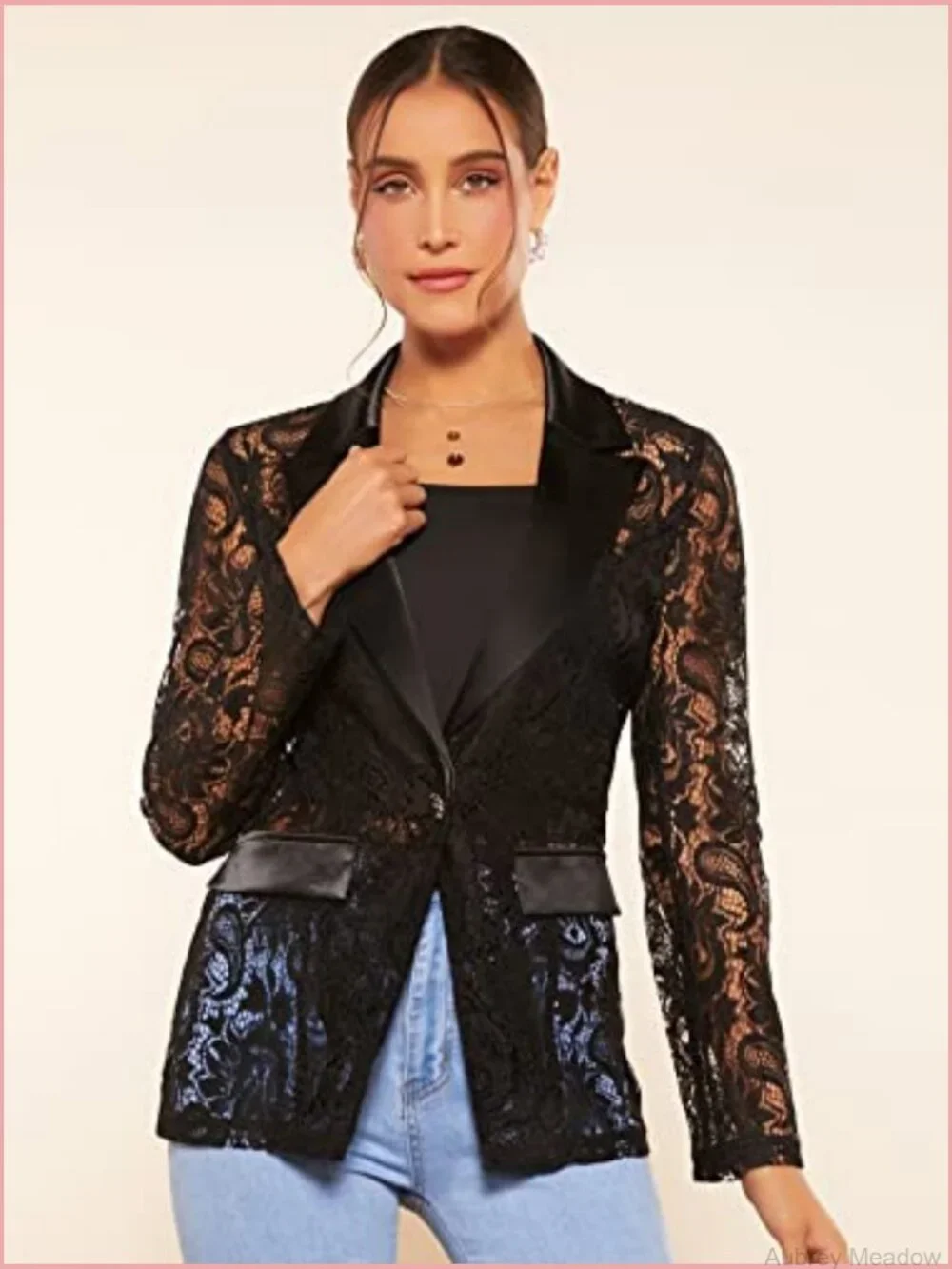 Lace Mesh Blazer Jacket Long Sleeve Lapel Neck Office Wear
